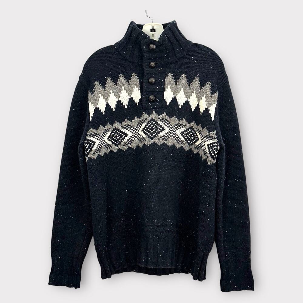Eddie Bauer Mens M Blue Fair Isle Knit Sweater Shawl Collar Button Pullover